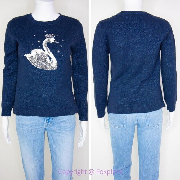 Children's Place shimmering metallic thread sequin swan navy blue sweater, L - Picture 2 of 16